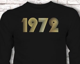 1972 Birthday Gift Longsleeve T Shirt Metallic Print Gold, Silver, 1972 T-Shirt in Vintage Retro 70s style font, Fiftieth Present Unisex Top