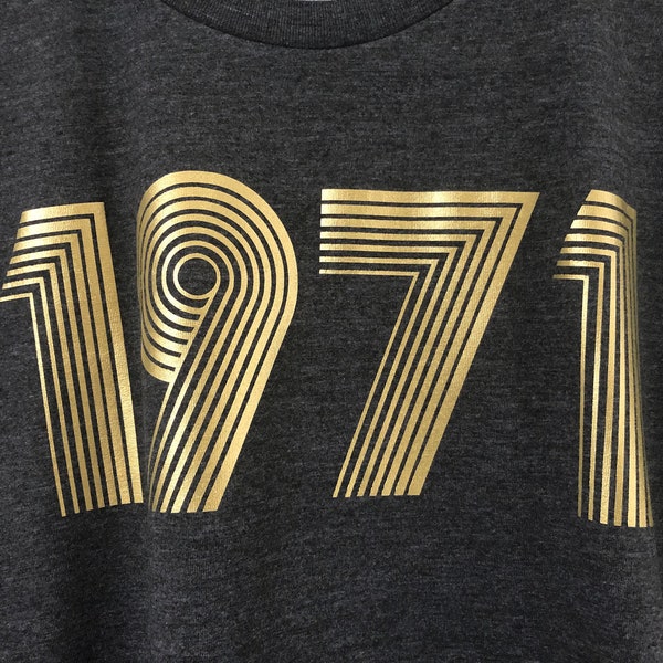 1971 T Shirt Metallic Gold or Silver Foil, Any Year Birthday Gift T-Shirt in Retro & Vintage 70s style, MCMLXXI Unisex Tee Shirt Top