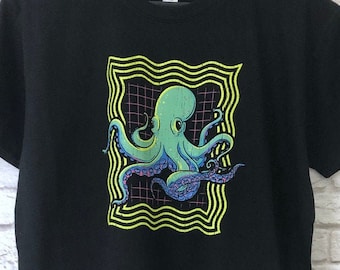 Neon Octopus T-Shirt, Retro 80s Disco Gift Graphic Print Tee Shirt Top