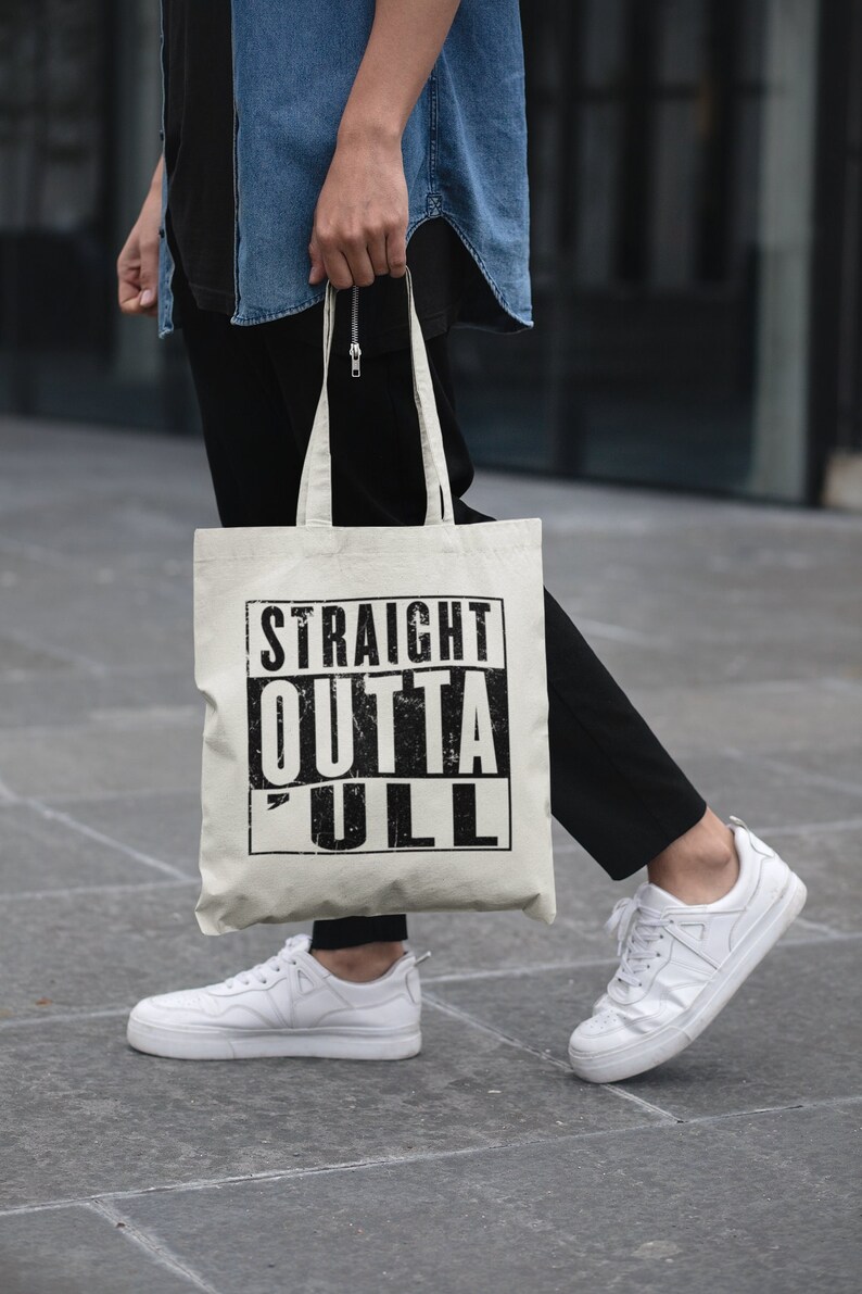Funny Hull Tote, Straight Outta 'ull Hull White Funny Compton NWA Style Organic Cotton/Denim Tote Bag image 1