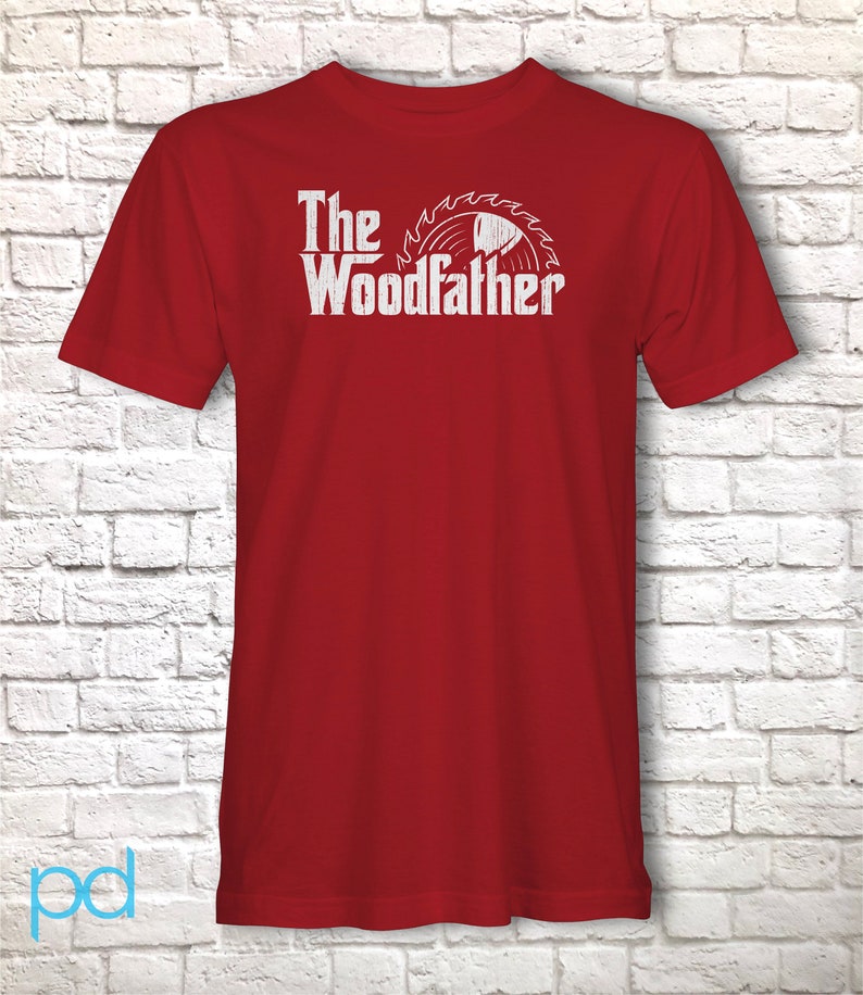 Funny Carpenter T-Shirt, Woodfather Parody Gift Idea, Humorous Woodworking Joiner Tee Shirt T Top, Circular Saw Red