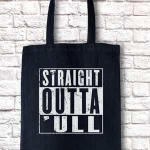 Funny Hull Tote, Straight Outta 'ull Hull White Funny Compton NWA Style Organic Cotton/Denim Tote Bag Denim Navy