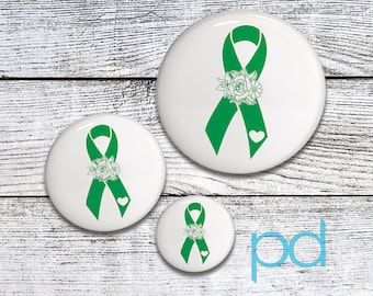 Mental Health Awareness Pin Badge, Green Awareness Ribbon & Heart Pin Back Button Badge