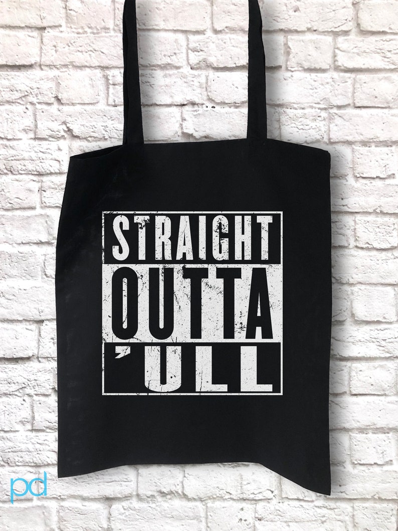 Funny Hull Tote, Straight Outta 'ull Hull White Funny Compton NWA Style Organic Cotton/Denim Tote Bag Organic Black