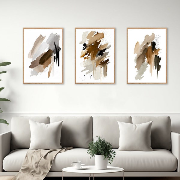 Abstract Natural Browns Greys Wall Art Set of 3 Prints, Modern, Minimalist, Digital Print, 3 Piece Matching Wall Art