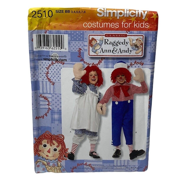 Simplicidad 2510 Niños y niñas Raggedy Ann Andy Disfraz Patrón de costura sz 3-8