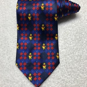 Disney Winnie the Bear Pooh Blue Red Diamond Pattern Vintage Necktie Tie
