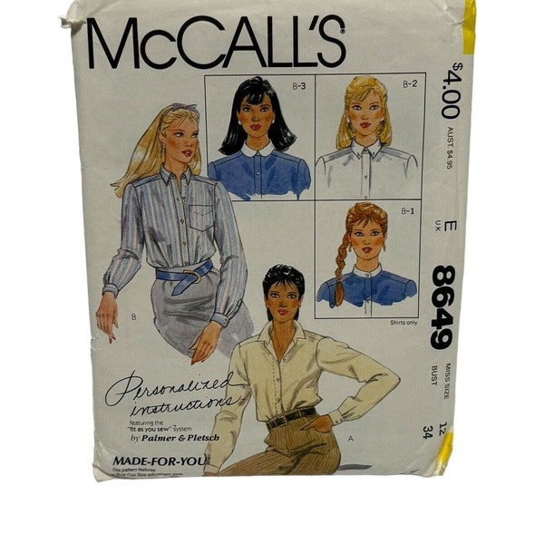 Mccalls 8649 Misses Collared Button Down Shirts Sewing Pattern Size 12 Vintage