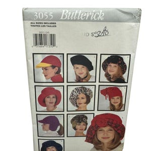 May include: A vintage Butterick sewing pattern, number 3055, showcasing different hat designs. The pattern includes images of various hat styles. The text "ALL SIZES INCLUDED" is visible. The price is marked as $50.00.