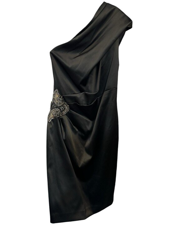 Eliza J One Shoulder Beaded Rouched Stretch Satin Black Dress Womens Size 6 Eliza J One Shoulder Beaded Rouched Stretch Satin Black Dress Womens Size 6