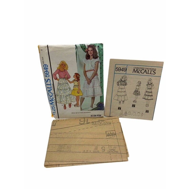 Mccalls 5949 Girls Tops Raglan Sleeves Skirts Sewing Pattern Size 7 Vintage