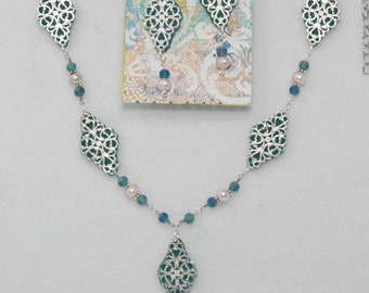 16th c Safavid Persian filigree earrings + adjustable necklace Silver tone filigree, aqua polymer clay, iridescent glas beads + real pearls
