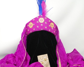 Hot pink fuchsia Persian style taj diadem Gold filigree ornament Includes silk veil, feather aigrette + veil pins