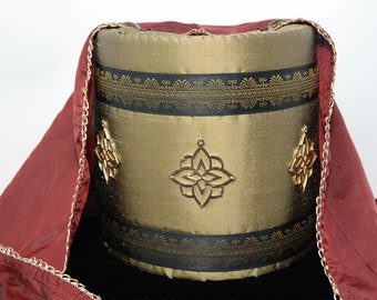 Mediterranean Spanish gold up-cycled sari silk Pillbox hat: Byzantine,Ottoman Egyptian Mamluk 5-16th c SCA LARP Green