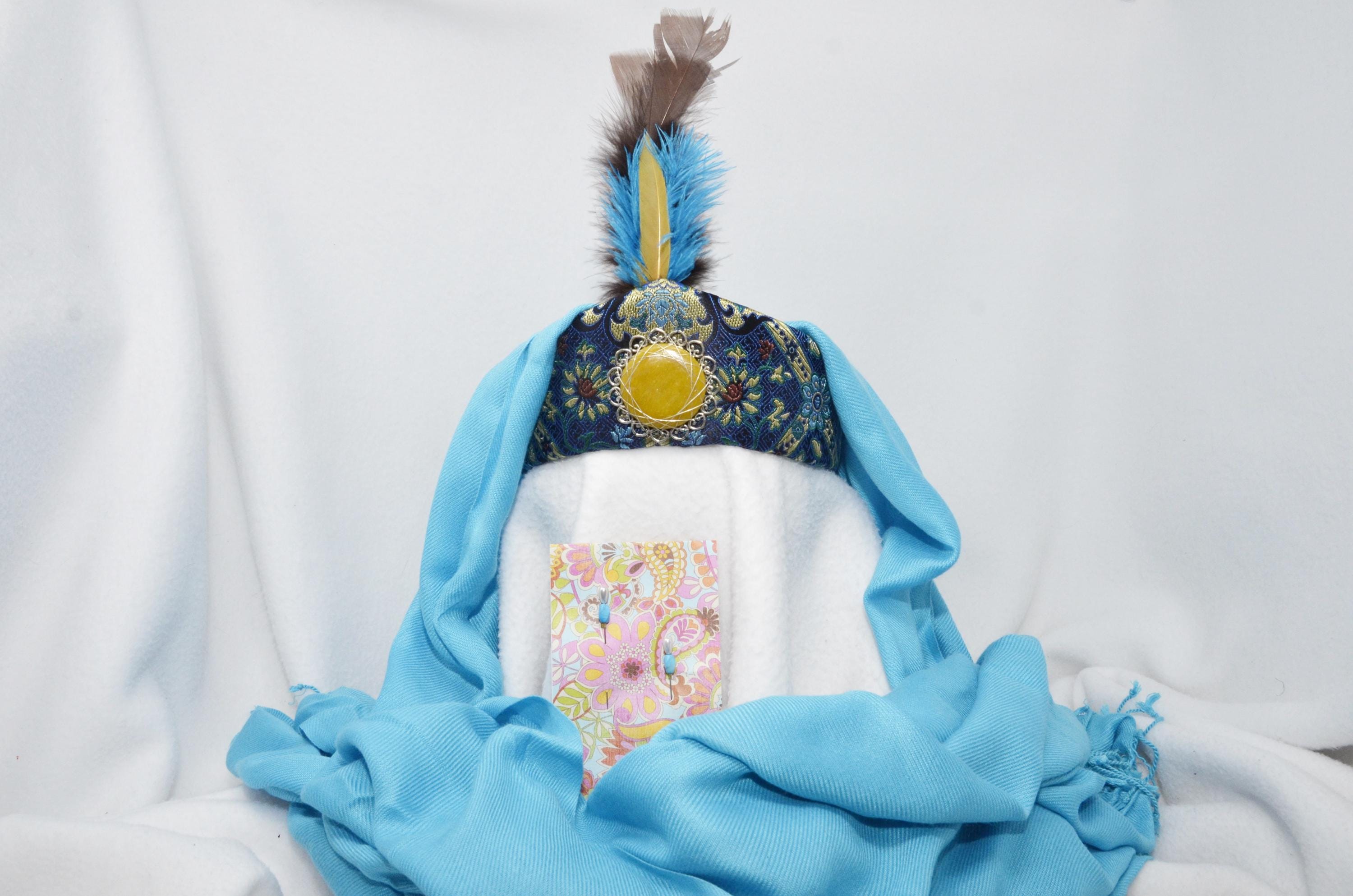 Blue polychrome silk brocade Women's Persian style taj diadem. Gold filigree ornament. Includes veil, feather aigrette veil, pins.