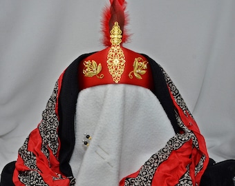 Women&#39;s Persian style taj diadem.  Red silk satin w gold filigree ornament. Includes  silk veil, feather aigrette veil, pins.