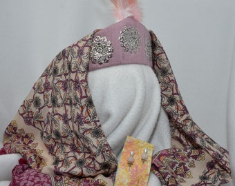 Rose pink silk Women&#39;s Persian style taj diadem.  Silver filigree ornament. Includes veil, feather aigrette veil, pins.