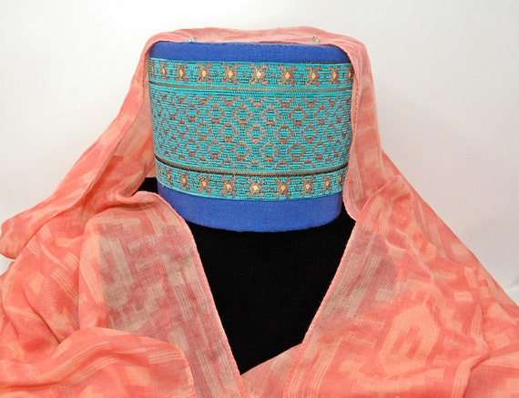 Mediterranean Spanish gold up-cycled sari silk Pillbox hat: Byzantine,Ottoman Egyptian Mamluk 5-16th c SCA LARP Green