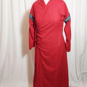 Red cotton wrap front unlined Historically accurate unisex caftan with tiraz.  40-47 "chest. 12th-16th c Safavid, Mongol, Turkic, Abbasid