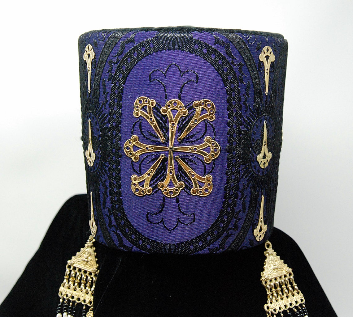 Byzantine Russian framed pillbox hat headdress. Purple black Etsy