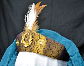PEACOCKS! SCA Laurel regalia Women&#39;s Persian style taj diadem Silk brocade, filigree & genuine pearls Incl veil, feather aigrette, veil pins