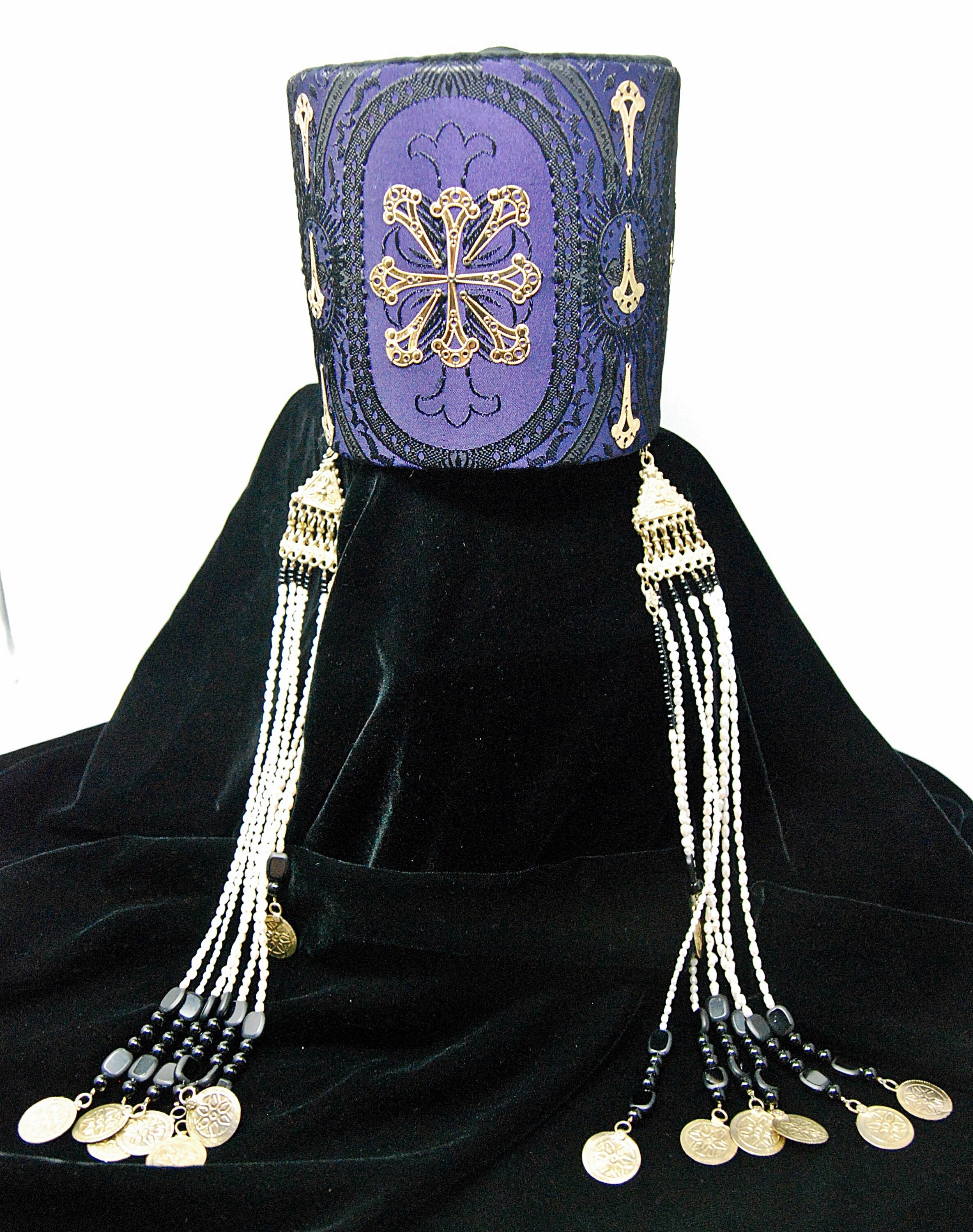 Byzantine Russian framed pillbox hat headdress. Purple black Etsy