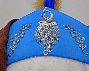 Blue silk Women&#39;s Persian style taj diadem. Silver peacock filigree ornament. Includes brown veil, feather aigrette veil, pins.