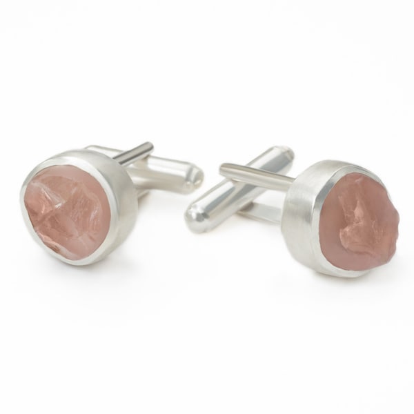 Natural Rose Quartz &  Sterling Silver Handmade Gemstone Cufflinks