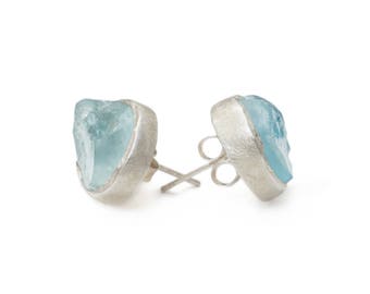 Raw Aquamarine Gemstone & Sterling Silver Stud Earrings