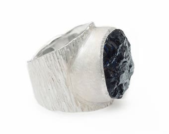 Women's Raw Black Tourmaline & Sterling Silver Macho Ring - Small