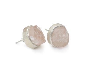 Raw Rose Quartz Gemstone & Sterling Silver Stud Earrings