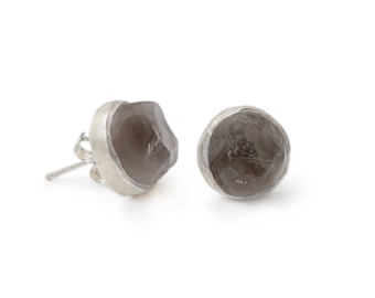 Raw Smoky Quartz Gemstone & Sterling Silver Stud Earrings