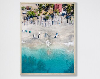 Bali Beach Outrigger Boats Photo. Beach Photograph from Above with Boats and Jungle Huts on the Beach