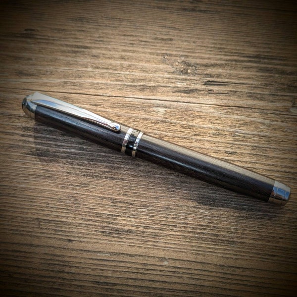 Handmade high end African blackwood fountain pen - rhodium fittings black accents. Peter bock #5 all black nib