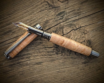 Handmade Oregon maple burl fountain pen or rollerball pen - gunmetal fittings. Standard or calligraphy nib