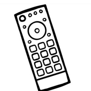 May include: A black and white line drawing of a remote control with a circular button and a grid of rectangular buttons.