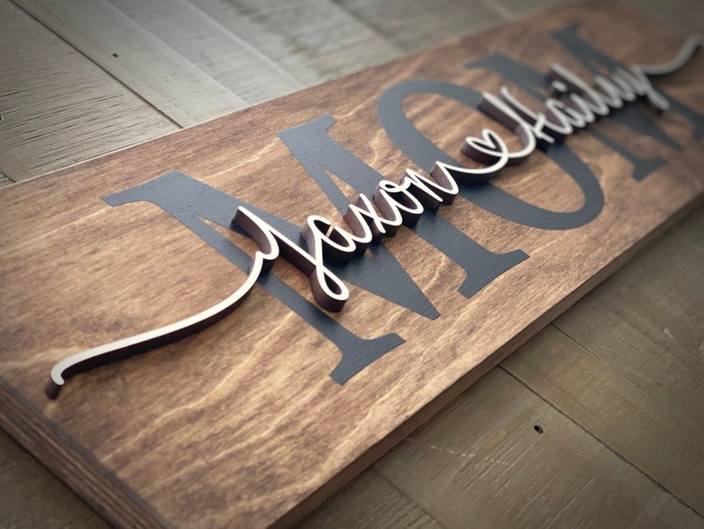 May include: A wooden sign with the word "MOM" in black paint and the phrase "you are my everything" in cursive script in brown wood.