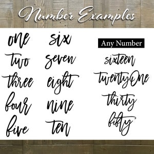 May include: A white sheet of paper with black handwritten numbers from one to ten, then sixteen, twenty-one, thirty, and fifty. The text "Number Examples" and "Any Number" are also written on the paper.