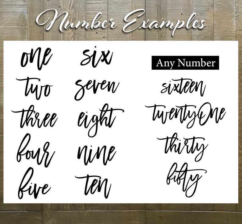 May include: A white sheet of paper with black handwritten numbers from one to ten, then sixteen, twenty-one, thirty, and fifty. The text "Number Examples" and "Any Number" are also written on the paper.