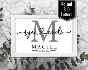 Wedding Gift, Monogram Letter Names Established Sign, Framed Wood Sign, Last Name Sign, Anniversary Gift, Shower Gift, Bridal Shower Gift