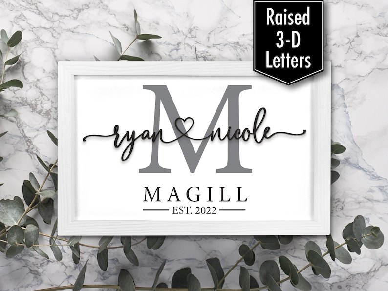 Wedding Gift, Monogram Letter Names Established Sign, Framed Wood Sign, Last Name Sign, Anniversary Gift, Shower Gift, Bridal Shower Gift