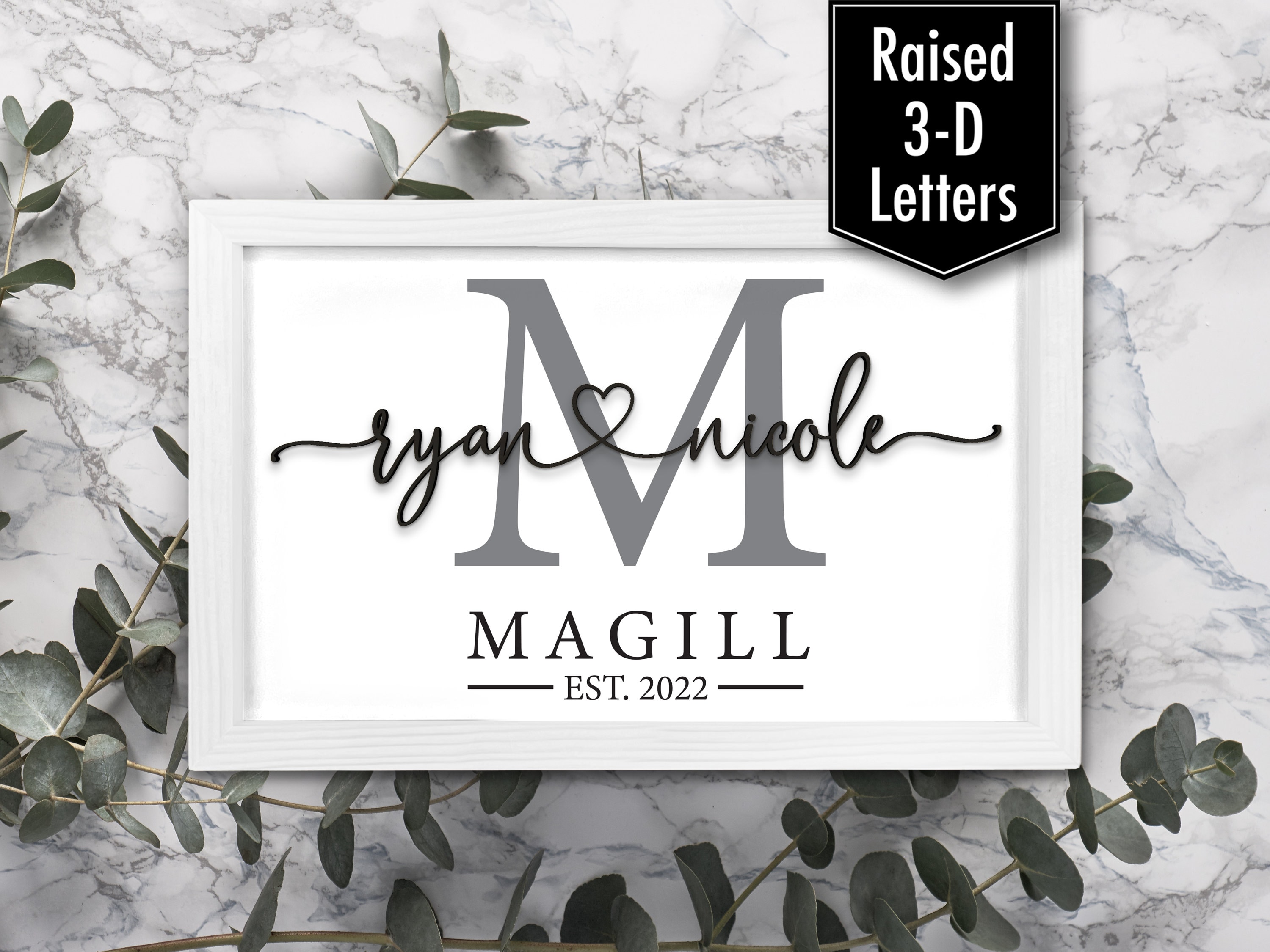 Wedding Gift, Monogram Letter Names Established Sign, Framed Wood Sign, Last Name Sign, Anniversary Gift, Shower Gift, Bridal Shower Gift