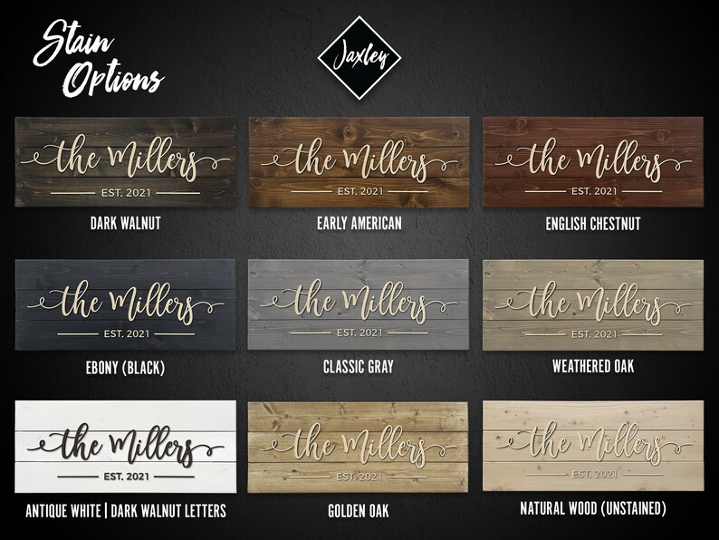 Puede incluir: Nueve opciones diferentes de tinte para madera para un letrero personalizado. El letrero dice "the Millers EST. 2021" en una fuente cursiva. Las opciones de tinte son: Nogal oscuro, Americano antiguo, Casta&ntilde;o ingl&eacute;s, &Eacute;bano (negro), Gris cl&aacute;sico, Roble envejecido, Blanco antiguo | Letras de nogal oscuro, Roble dorado y Madera natural (sin te&ntilde;ir).