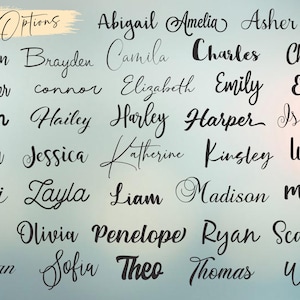 May include: A list of popular baby names written in different cursive fonts. The names are: Abigail, Amelia, Asher, Ava, Benjamin, Brayden, Camila, Charles, Charlotte, Christopher, Connor, Elizabeth, Emily, Emma, Evelyn, Hailey, Harley, Harper, Isabella, Jaxon, Jessica, Katherine, Kinsley, Lucas, Levi, Layla, Liam, Madison, Mateo, Mia, Olivia, Penelope, Ryan, Scarlett, Sebastian, Sofia, Theo, Thomas, William.