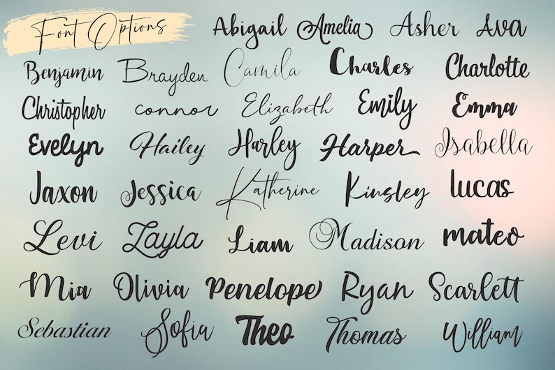 May include: A list of popular baby names written in different cursive fonts. The names are: Abigail, Amelia, Asher, Ava, Benjamin, Brayden, Camila, Charles, Charlotte, Christopher, Connor, Elizabeth, Emily, Emma, Evelyn, Hailey, Harley, Harper, Isabella, Jaxon, Jessica, Katherine, Kinsley, Lucas, Levi, Layla, Liam, Madison, Mateo, Mia, Olivia, Penelope, Ryan, Scarlett, Sebastian, Sofia, Theo, Thomas, William.