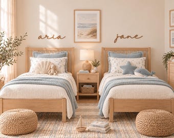 Letrero de madera personalizado con nombre, decoración de pared con nombre en letra cursiva a medida para habitación infantil compartida o dormitorio doble.