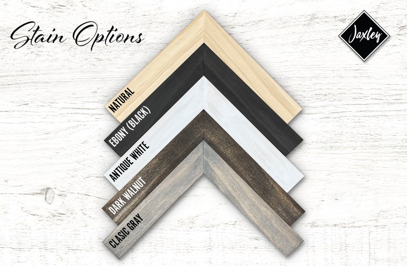 May include: Five wood samples stained in different colors: natural, ebony (black), antique white, dark walnut, and classic gray. The samples are arranged in a diagonal line, with the natural wood sample at the top and the classic gray sample at the bottom. The wood samples are all the same size and shape, and they are all cut at a 45-degree angle. The background is a white wooden surface.