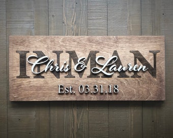 Family Name Sign / Custom Wood Sign / Last Name Sign / Established Sign / Home Sign /  Personalized Wedding gift / Wedding Sign / 3D Sign