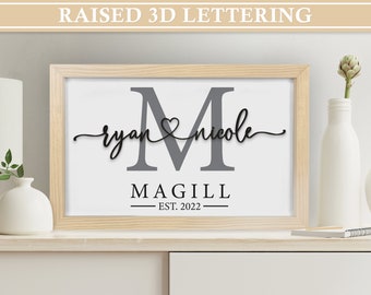 Last Name Sign, Wedding Gift, Monogram Established Sign, First Names Sign, Framed Wood Sign, Anniversary Gift, Bridal Shower Gift