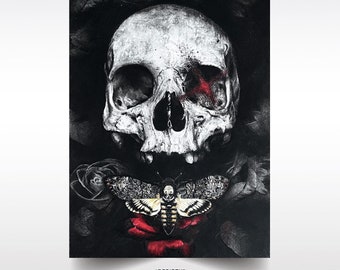 Skull poster 'Rebirth', skull print, Death Skull Moth, Roses, Skull art
